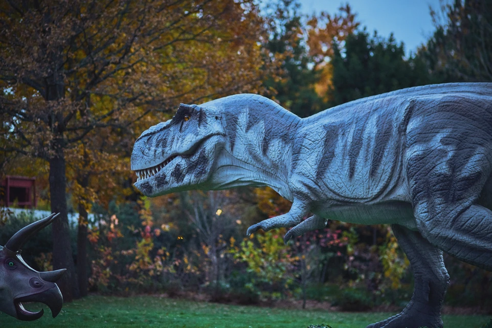 Tyrannosaure grandeur nature dans un parc en automne – Prehistoric Safari, art et préhistoire