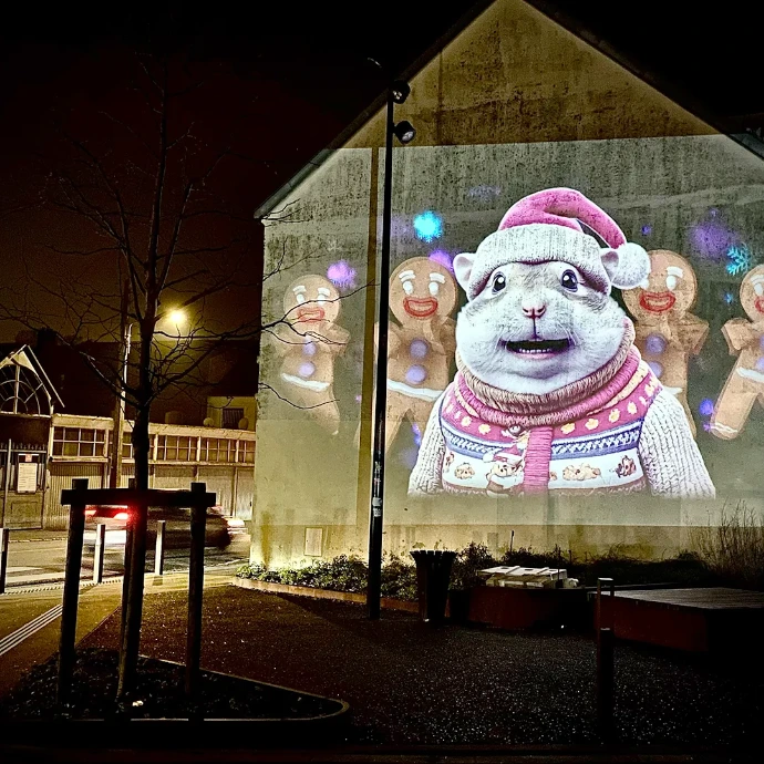 Safari Urbain Arras – Quand les personnages chantent dans la ville Portrait animal projeté sur une façade arrageoise, animé et chantant pendant une déambulation Safari Urbain de Noël